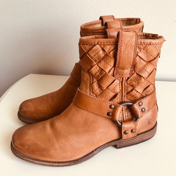 Frye Philip Woven Leather Brown Harness Boots Size 7 - Picture 3 of 9